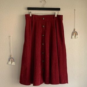 Belle Poque Maroon Red Corduroy Button Down Midi Vintage Skirt XL